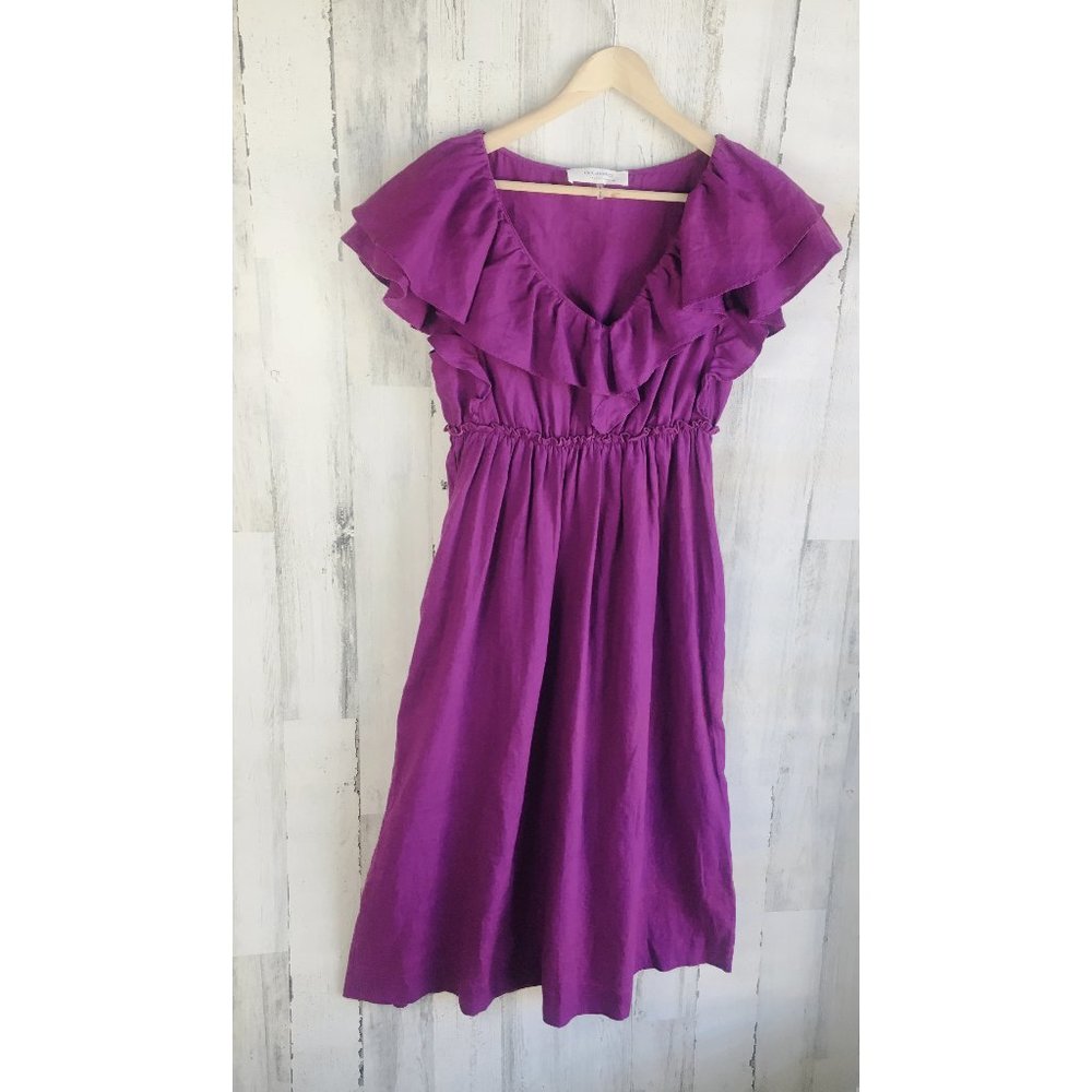 NWOT Trina Turk Out of Office Play Linen Midi Dress Ruffled Violet S